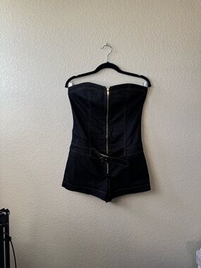 Strapless Dark Blue Denim Romper with Front Zip